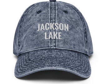 Jackson Lake Hat - Embroidered Vintage Cotton Twill Cap, Denim Look, Adjustable Strap, Adult Unisex - Wyoming, National Parks Travel, Gift