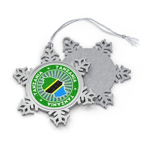 Tanzania Christmas Ornament: Pewter Snowflake, Tanzanian Flag