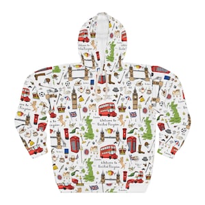 London Hoodie - United Kingdom, Hand Drawn Landmarks and Symbols, UK, Britain, British - All Over Print, Pullover, Unisex