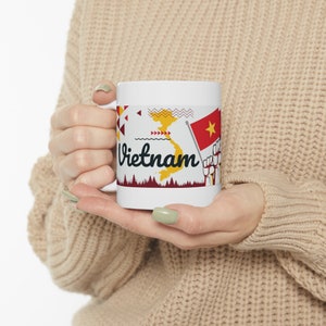 Taza de café de Vietnam 11oz, Viajes mundiales vietnamitas, Estandarte, Bandera, Mapa, Diseño abstracto geométrico, Asia, Puntos de referencia, Rojo, Amarillo, Regalo, Recuerdo