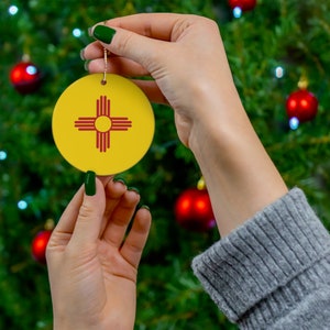 New Mexico Ceramic Ornament, Christmas Decor Holiday Decorations, State Flag, Santa Fe, Albuquerque, USA Travel, Yellow, Red, Gift, Souvenir