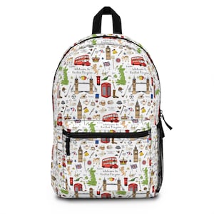 May include: White backpack with a colorful pattern of London landmarks, including Big Ben, red double-decker buses, phone booths, and the Union Jack flag. The text "Welcome to United Kingdom" is repeated throughout the pattern.