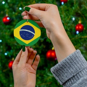 Brazil Brazilian Flag Inspired Green Yellow Blue Round Porcelain Ceramic Christmas Ornament Gift Decoration Holiday World Travel