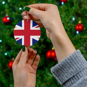 United Kingdom British Union Jack Flag Inspired Red, Blue, White Round Porcelain Ceramic Christmas Ornament Gift Decoration Holiday