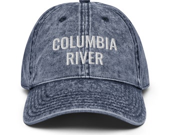 Columbia River Hat, Embroidered Vintage Cotton Twill Cap, Denim Look, Adjustable Strap, Adult Unisex, Outdoors, Gift, Washington, Oregon