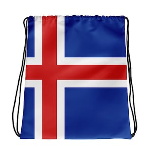 May include: A blue and white drawstring bag with the flag of Iceland printed on it. The bag has black drawstrings.