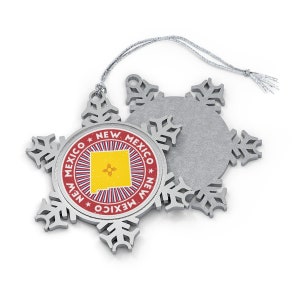 New Mexico kerstornament, sneeuwvlok, staatsvlag kaartoverzicht, vintage noodlijdende print - cadeau wereldreiziger, VS reizen, souvenir