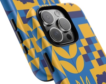 Ukraine Themed Phone Case - Ukrainian Symbols Tile Pattern Design, Blue and Yellow - Protective Shell, Matte Finish, 3D Wrap Print