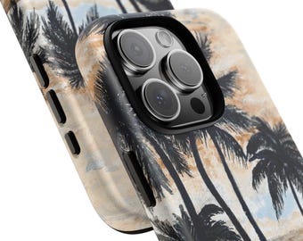 May include: Two phone cases with a tropical palm tree design are shown. The cases have a black camera lens border and a beige, brown, and blue colour palette. The palm tree design is in black.