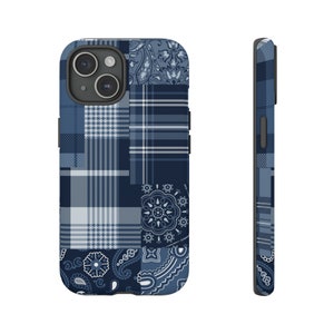 Blue Patchwork Plaid Phone Case - Bandana, Paisley, Checks, Squares Multi Pattern Design Fits Many Smartphone Models, Impact Resistant, Gift