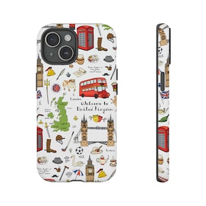 London Phone Case - United Kingdom, British, Hand Drawn Landmarks, Symbols, Britain, England - Fits Many Smartphone Models, Impact Resistant