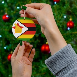 Zimbabwe Ceramic Christmas Ornament Zimbabwean Flag Round Porcelain Gift Holiday Decoration World Heritage Travel Themed