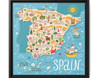 Spain Illustrated Map Framed Canvas Art: Spanish Travel Landmarks, Cities