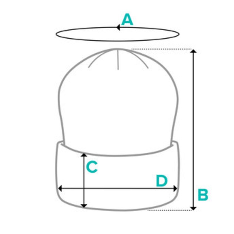 May include: Diagram showing the measurements of a beanie hat. The measurements are labeled A, B, C, and D. A is the circumference of the hat at the top, B is the height of the hat, C is the width of the cuff, and D is the circumference of the cuff.