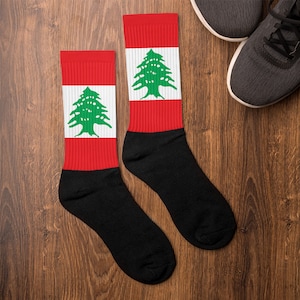 Lebanon Socks - Lebanese Cedar Tree Sublimation Print, Unisex, Crew Length, Cushioned Bottom, Gift for World Traveler, Red, White, Green