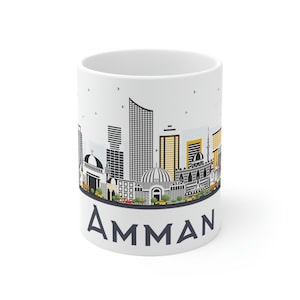 Amman Coffee Mug 11oz -Jordan, Jordanian Travel, City Skyline, Architecture, Cityscape, Landmarks, Blue, White, Ceramic - Gift, Souvenir