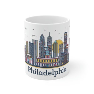 Philadelphia Coffee Mug 11oz - Pennsylvania Travel Themed, City Skyline, Architecture, Cityscape, Landmarks, Ceramic, Glossy, Gift, Souvenir