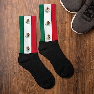 Mexico Mexican Flag Socks - Crew Length - Adult Unisex Men&#39;s Women&#39;s - Ribbed, Black Cushioned Bottom