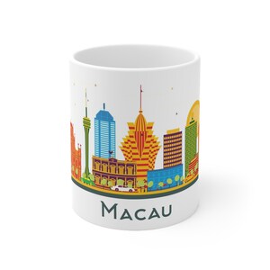 Taza de café de Macao, China, Asia, horizonte de la ciudad china, edificios y monumentos modernos, arquitectura, regalo de viaje, recuerdo, cerámica de 11 oz