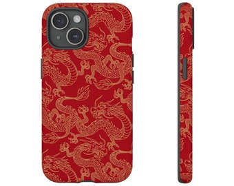 Chinese Dragon Phone Case - Red and Gold Pattern Print, Fighting Dragons, Decorative Print, Asia - Gift, Fits Many Smartphone Models