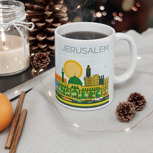 Jerusalem Coffee Mug 11oz City Landmarks Skyline Architecture Israel Israeli World Travel Themed Gift Ceramic Mugs White Glossy Orca Coating