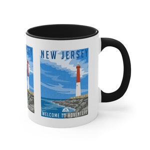Taza de café de Nueva Jersey, cerámica, 11 oz, contraste de color de dos tonos, viajes por el estado de EE. UU., faro, costa, bienvenida a la aventura, regalo, recuerdo