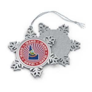 Idaho kerstornament, sneeuwvlok, staat vlag kaartoverzicht, vintage noodlijdende print - cadeau wereldreiziger, reizen VS, souvenir