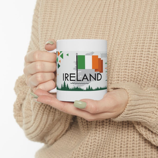 Ireland Coffee Mug 11oz - Irish World Travel Themed, Banner with Landmarks, Flag, Abstract Design - Ceramic Mugs, Glossy, Gift, Souvenir