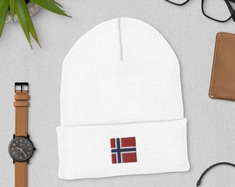 Norway Norwegian Flag Inspired Square Embroidered Cuffed Beanie Winter Hat Toboggan for Men or Women World Travel Lover National Pride Gift
