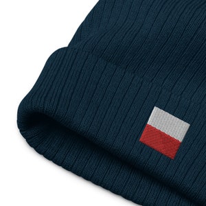 Puede incluir: Un gorro de punto azul oscuro con un pequeño parche bordado de la bandera polaca.