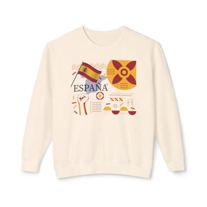 Sweat-shirt Espagne Wanderlust - Imprimé rétro moderne inspiré des voyages - Couleurs du drapeau national espagnol avec icônes abstraites et carte - Cadeau de voyage