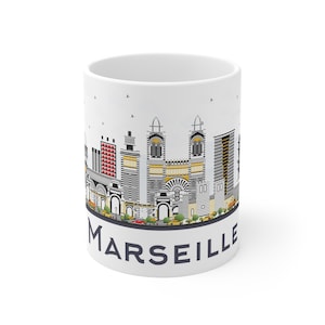Marseille France Coffee Mug - French City Skyline, Modern Buildings & Landmarks, Architecture, Travel, Europe, Gift, Souvenir, 11 oz Ceramic
