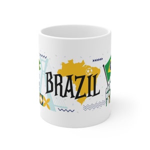 Brazil Coffee Mug 11oz Brazilian Travel Themed Gift National Flag Country Map Soccer Symbols Landmarks Abstract Design Fists Ceramic Mugs