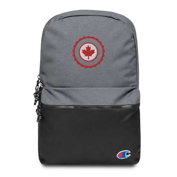 Canada Maple Leaf Embroidered Backpack - Canadian Flag Inspired Round Logo Embroidery - Water Resistant, Laptop Sleeve, Polyester