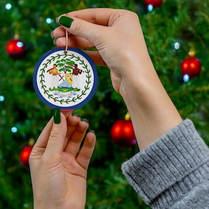 Belize Christmas Ornament Belizean Flag Inspired Print - Caribbean, Central America, World Travel, Gift, Souvenir - Ceramic, Circle