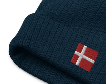 Denmark Cuffed Beanie Danish Flag Inspired Embroidered Square - Double Layer Knit Recycled Polyester Adult Unisex Winter Hat Toboggan