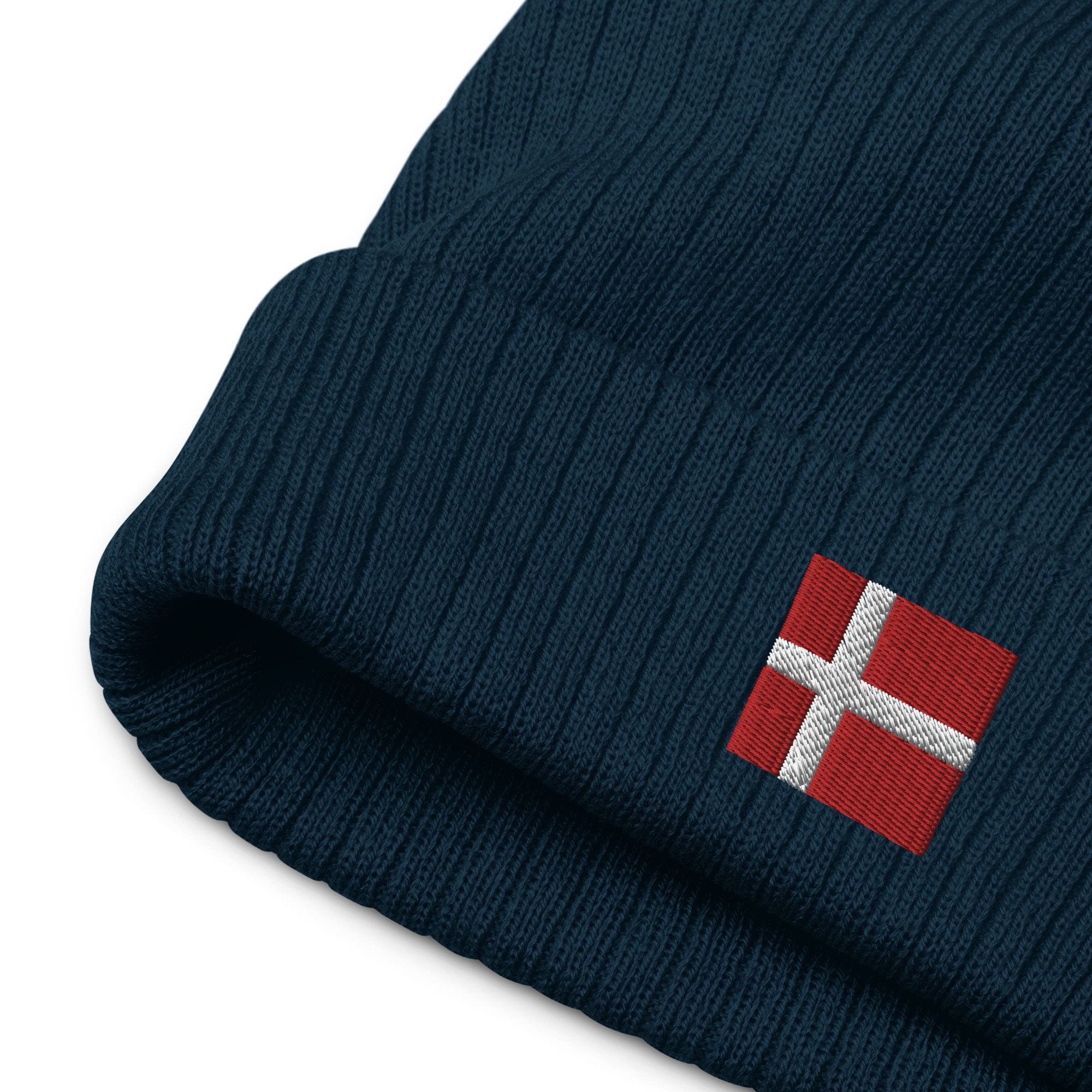 Denmark Cuffed Beanie Danish Flag Inspired Embroidered Square