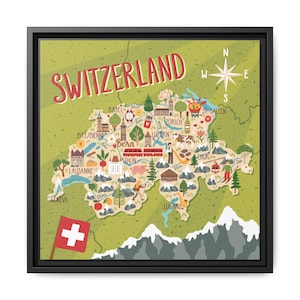 Puede incluir: Un mapa enmarcado de Suiza con un fondo verde e ilustraciones de monumentos y ciudades. La palabra "SWITZERLAND" está escrita en rojo en la parte superior. Una rosa de los vientos está en la esquina superior derecha y una bandera suiza en la inferior izquierda.