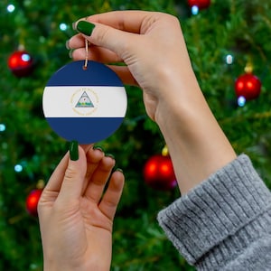 Nicaragua Nicaraguan Flag Inspired Blue, White Round Porcelain Ceramic Christmas Ornament Gift Decoration Holiday