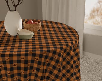 Pumpkin Plaid Halloween Tablecloth: Black & Orange Farmhouse Decor