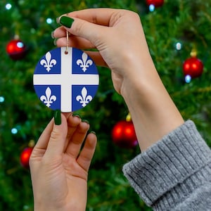 Quebec Christmas Ornament Québécois Flag Inspired Print - Blue, White, World Travel, Gift for Traveler, Montreal, Canada - Round, Ceramic