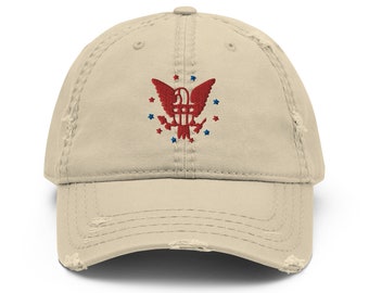 America Bald Eagle Emblem Distressed Dad Hat - Khaki Cap Embroidered with Red and Blue, Shield, Stars, USA, American, Patriotic, Gift