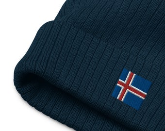 Iceland Cuffed Beanie Icelandic Flag Inspired Embroidered Square - Double Layer Knit Recycled Polyester Adult Unisex Winter Hat Toboggan