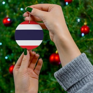 Thailand Christmas Ornament Thai Flag Inspired Print - Bangkok, Blue, White, Red, World Travel, Gift for Traveler, Asia - Round, Ceramic