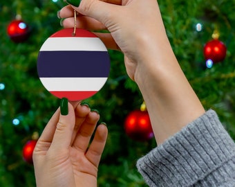 Thailand Kerstornament Thaise vlag geïnspireerde print - Bangkok, blauw, wit, rood, wereldreizen, cadeau voor reiziger, Azië - rond, keramiek