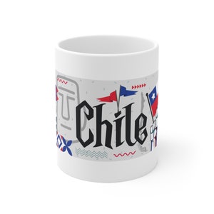 Chile Coffee Mug 11oz - Chilean World Travel Themed, Banner with Symbols, Flag, Abstract Design - Ceramic, Glossy, Gift, Souvenir