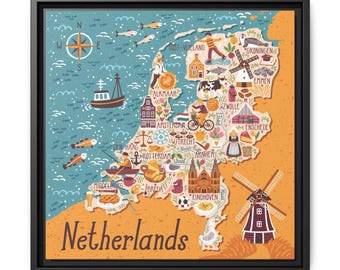 Netherlands Map Canvas Art: Dutch Travel Illustration, Wooden Frame