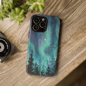 Northern Lights Cell Phone Case - Aurora Borealis, Polar Lights, Stars, Nature, Outdoors, Forest - Protective Shell, 3D Wrap Print, Matte