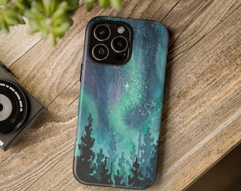 Northern Lights Cell Phone Case - Aurora Borealis, Polar Lights, Stars, Nature, Outdoors, Forest - Protective Shell, 3D Wrap Print, Matte