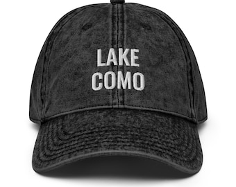 Lake Como Hat - Embroidered Vintage Cotton Twill Cap, Denim Look, Adjustable Strap, Adult Unisex - Europe, Italy, Travel, Gift